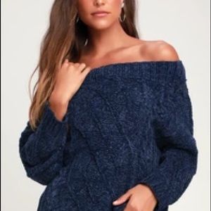 $5 Bundle - Lulus Off the Shoulder Chenille Navy Sweater